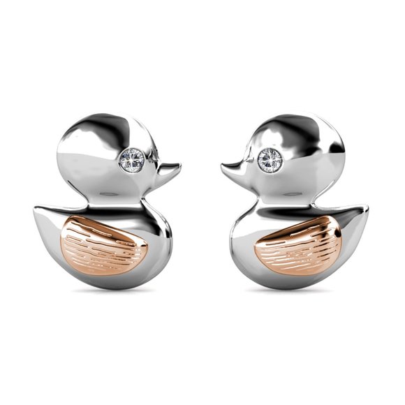 Boutique Jewelry - Cute Silver Duck Earrings With Rose Gold Wing And Swarovski Crystal